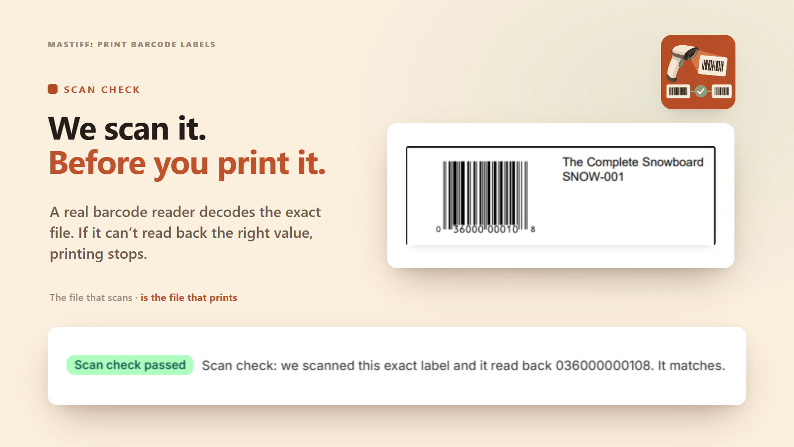 A barcode reader scan-checking the generated label PDF